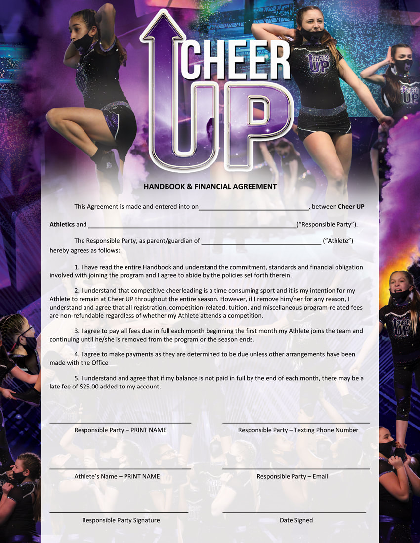 Cheer Up All-Star Cheerleading Handbook Agreement Page Design Cheerleaders Purple Smoke Confetti