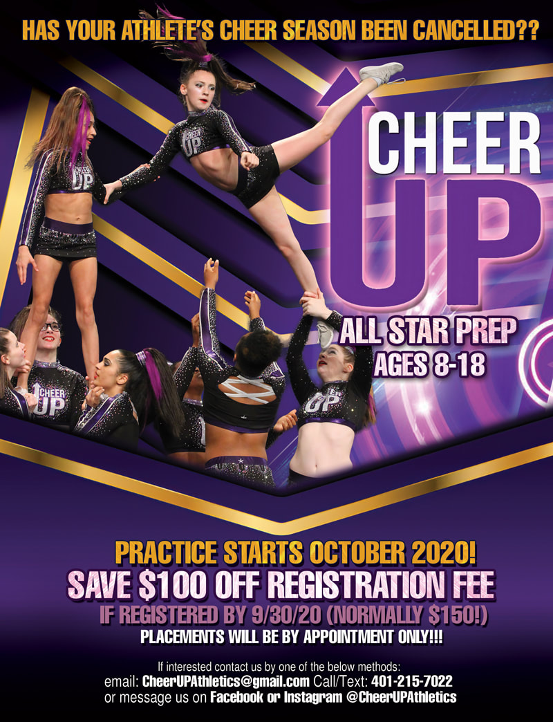 Cheer UP All Star Prep Cheerleading Competition Team Flyer Design Rhode Island with 8 girls cheer squad acrobatics purple and gold flyer poster