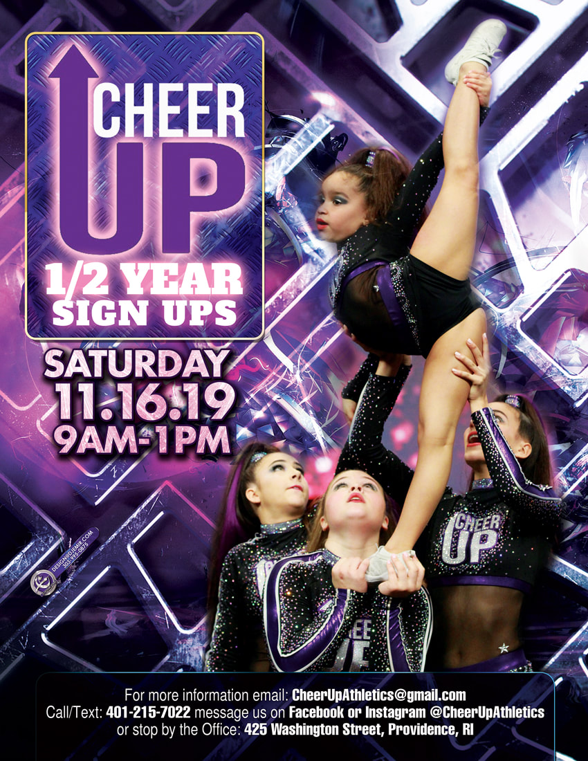 Cheer UP Half Year Sign up Cheerleading Competition Team Flyer Design Rhode Island with 4 girls cheer squad acrobatics purple and silver poster designs