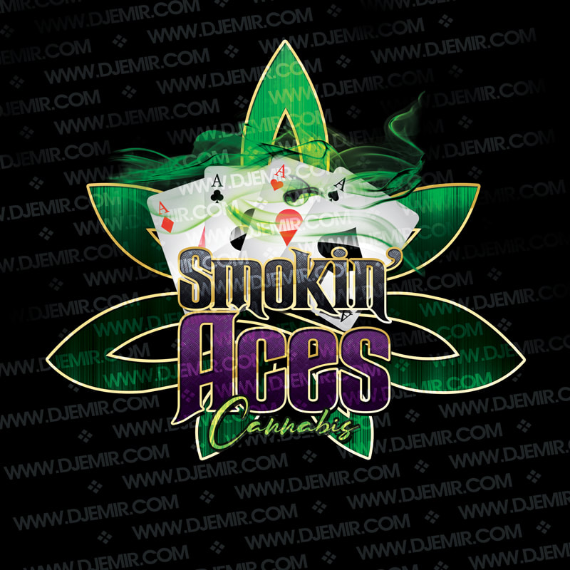 Smokin Aces Cannabis Dispensary Logo design featuring 4 Aces Playing Cards Abstract Green with Gold Accents Marijuana Leaf, Green Smoke and Black and Purple Logo Lettering with Gold trim accent