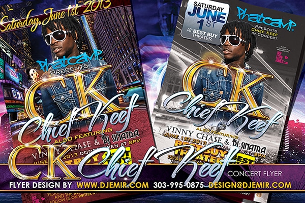 Flyer design for Phat Camp presents Chief Keef in Concert at Best Buy Center in New York City featuring Vinny Chase and DJ Sinatra