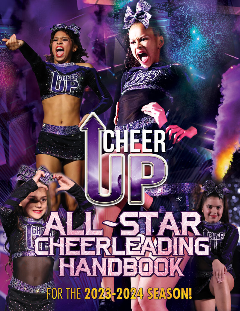 Cheer UP Athletics All-Star Cheer Competition Handbook Cover Design 4 Cheerleaders posing purple colored fog