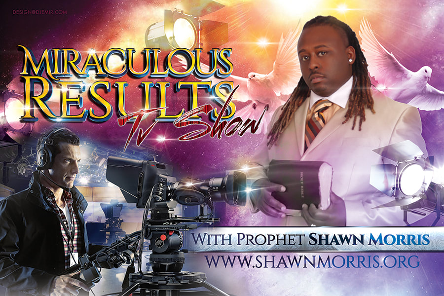 Miraculous Results TV Show with Prophet Shawn Morris Horizontal Flyer design and banner design with stars, tv cameras, doves and lights